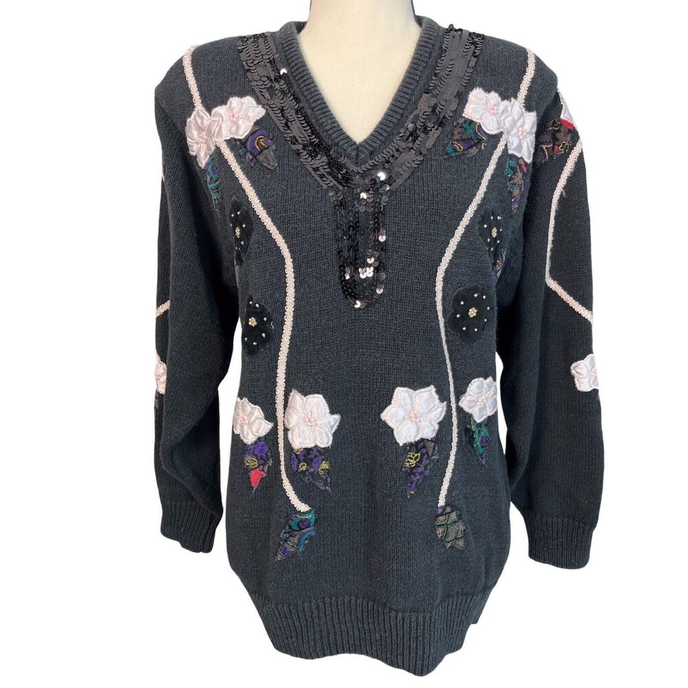 Vintage 1991 Black Women Sweater Sz M, Large Knit, V Neck, Sequins, Flowers